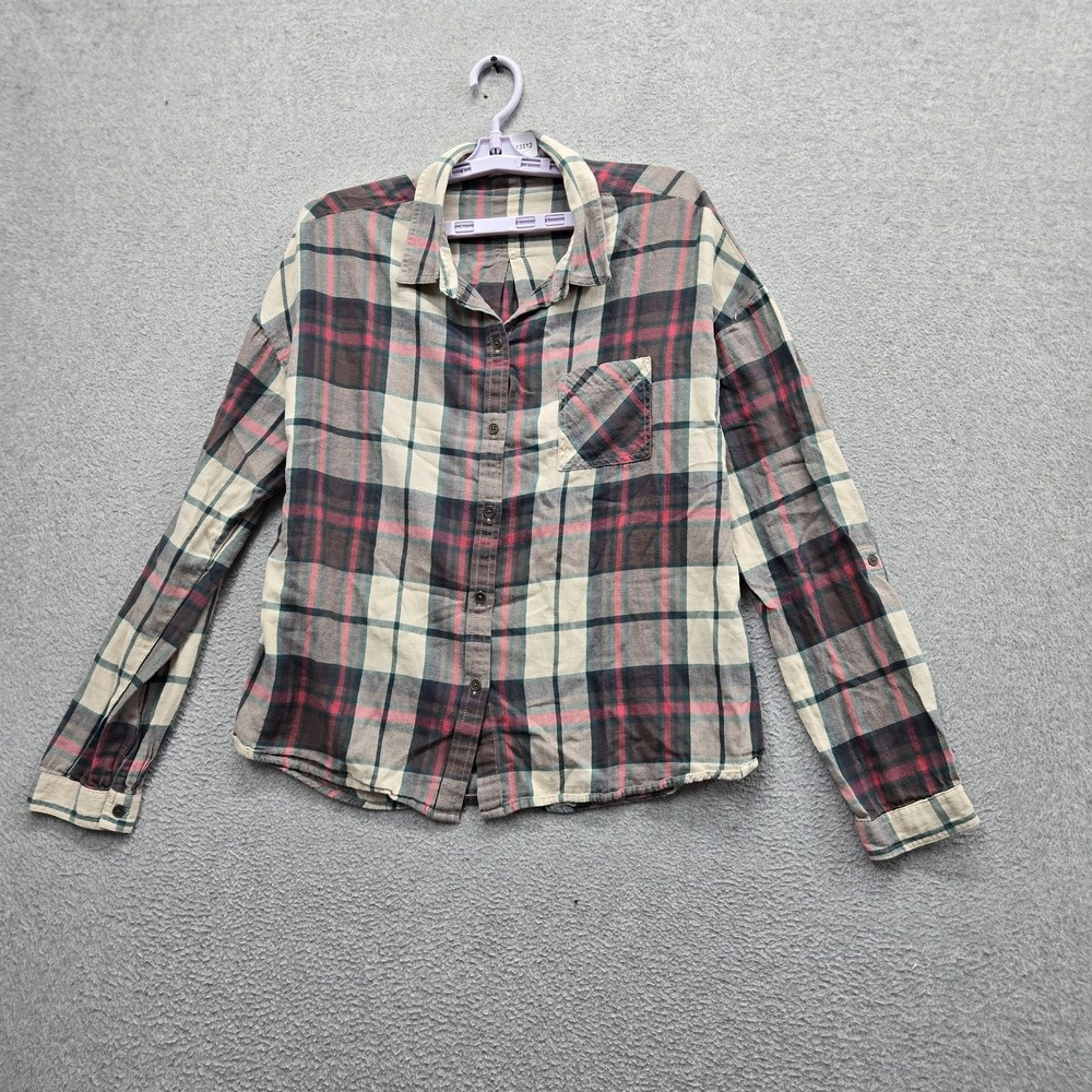 Prana Women Button Up Shirt XL Beige Plaid Casual Collared Front